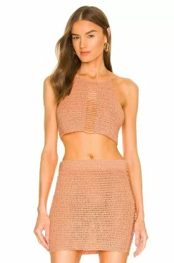 Michael Costello X REVOVLE Chiara Hand Crochet Halter In Tangerine