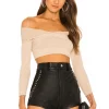 Michael Costello Knit Ribbed Off Shoulder Top In Light Toffee -Michael Costello Outlet Store MELR WS93 V1